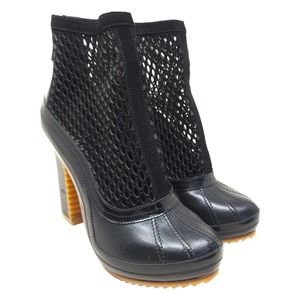Pierre Hardy Sacai Womens Duck Boots Black Suede Leather Mesh Runway Heeled 38 8